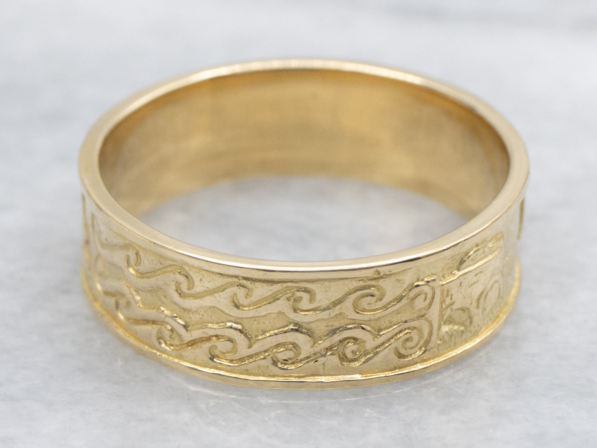 Men's Yellow Gold Fenian Claddagh Band with Animal and Seascape Pattern