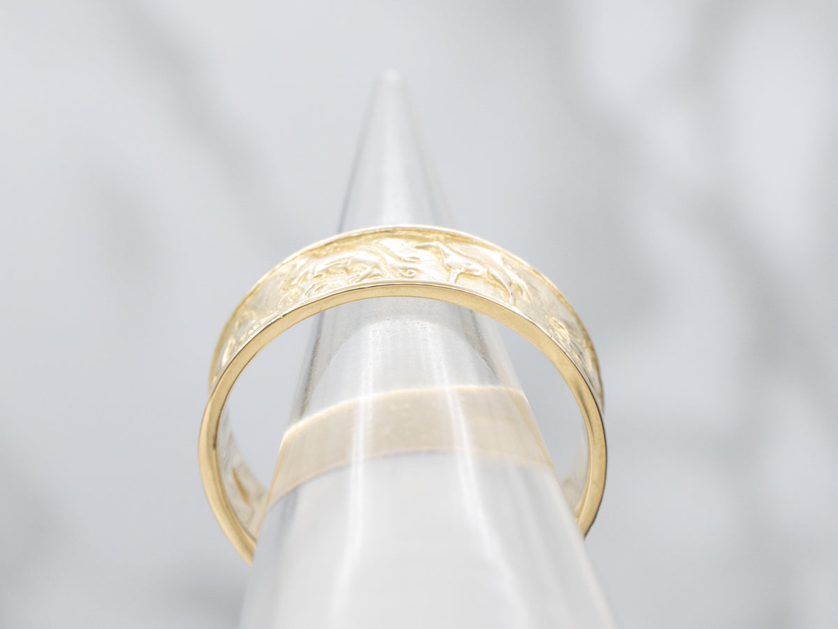 Men's Yellow Gold Fenian Claddagh Band with Animal and Seascape Pattern