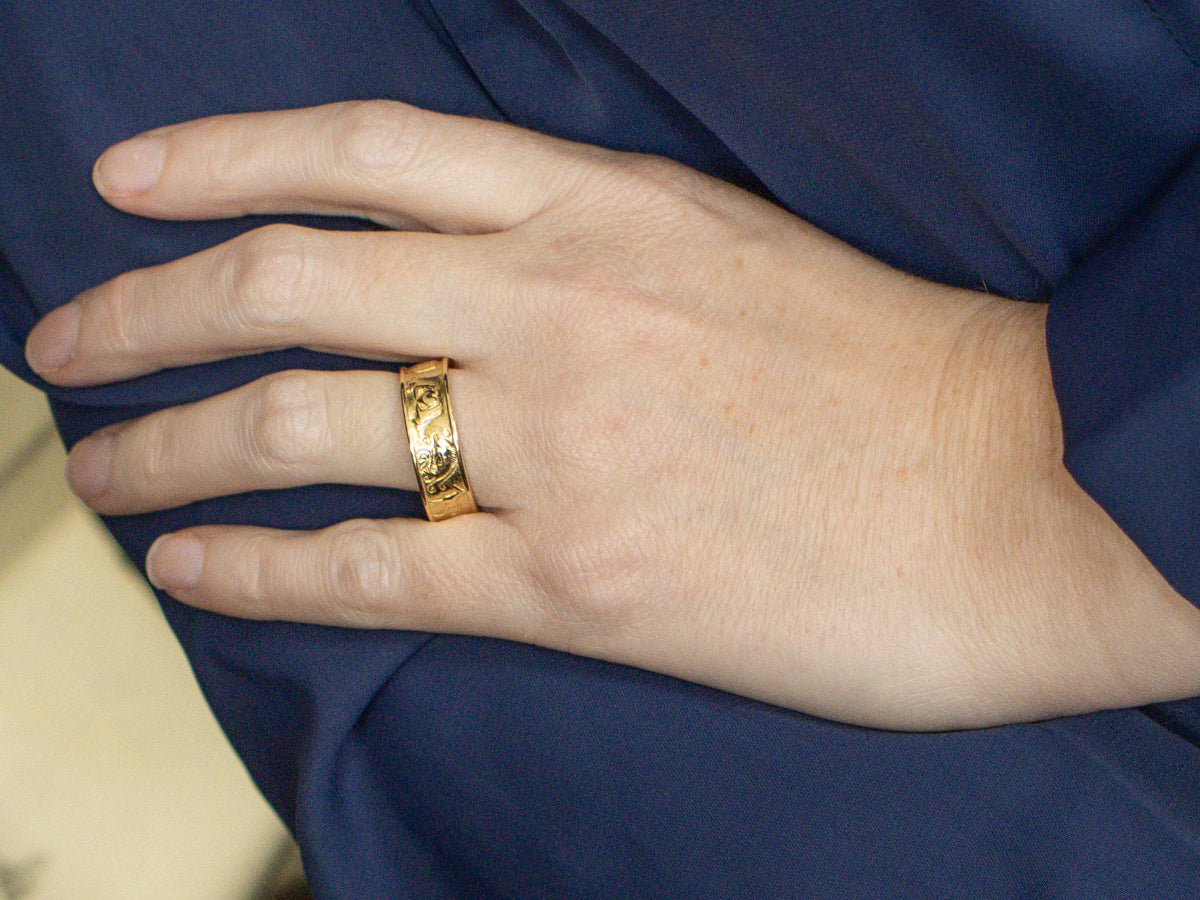 Men's Yellow Gold Fenian Claddagh Band with Animal and Seascape Pattern