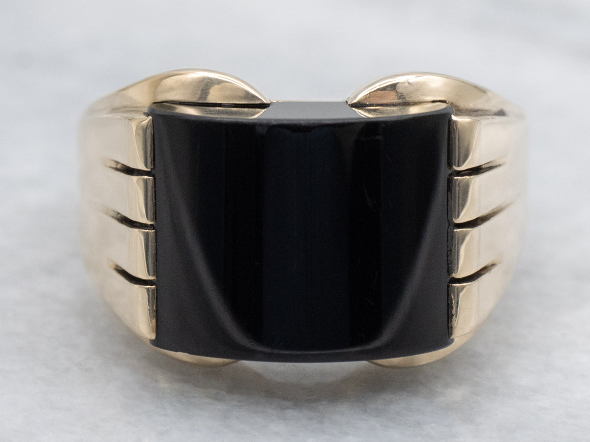 Men's Black Onyx Yellow Gold Grooved Statement Ring