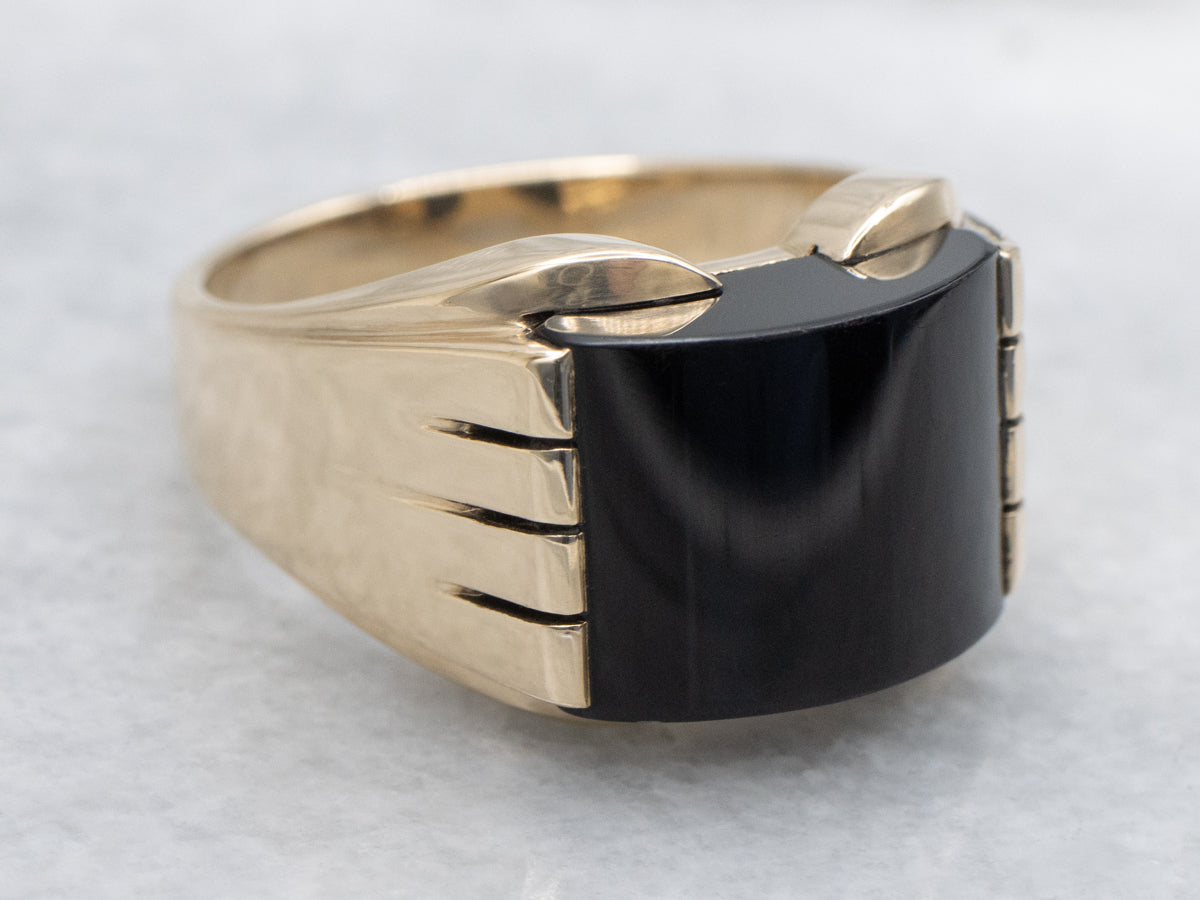 Men's Black Onyx Yellow Gold Grooved Statement Ring