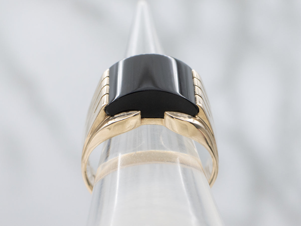 Men's Black Onyx Yellow Gold Grooved Statement Ring