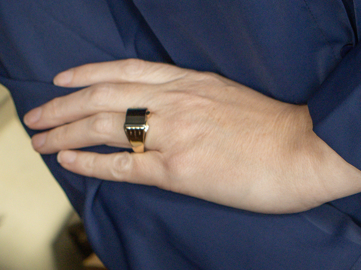 Men's Black Onyx Yellow Gold Grooved Statement Ring