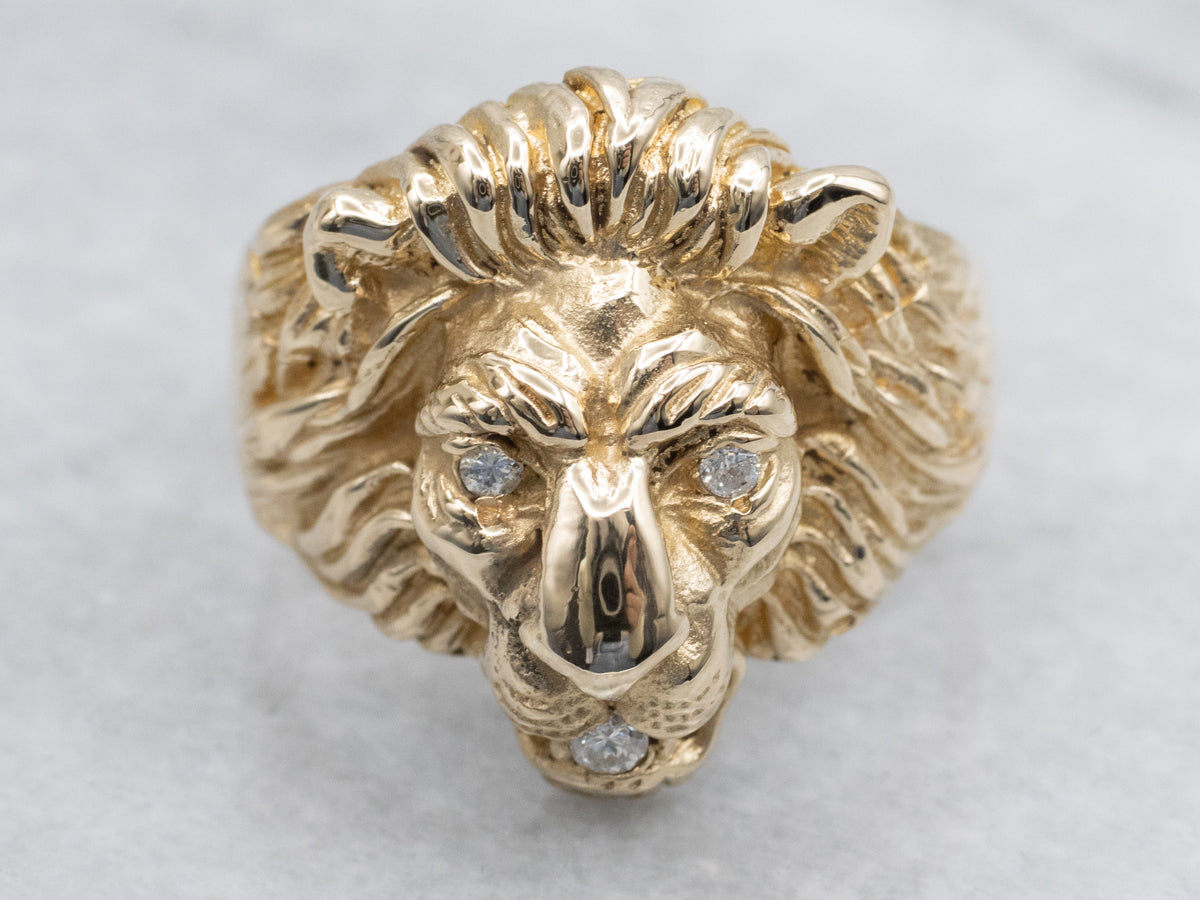 Men&#39;s Yellow Gold Lion&#39;s Head Diamond Statement Ring