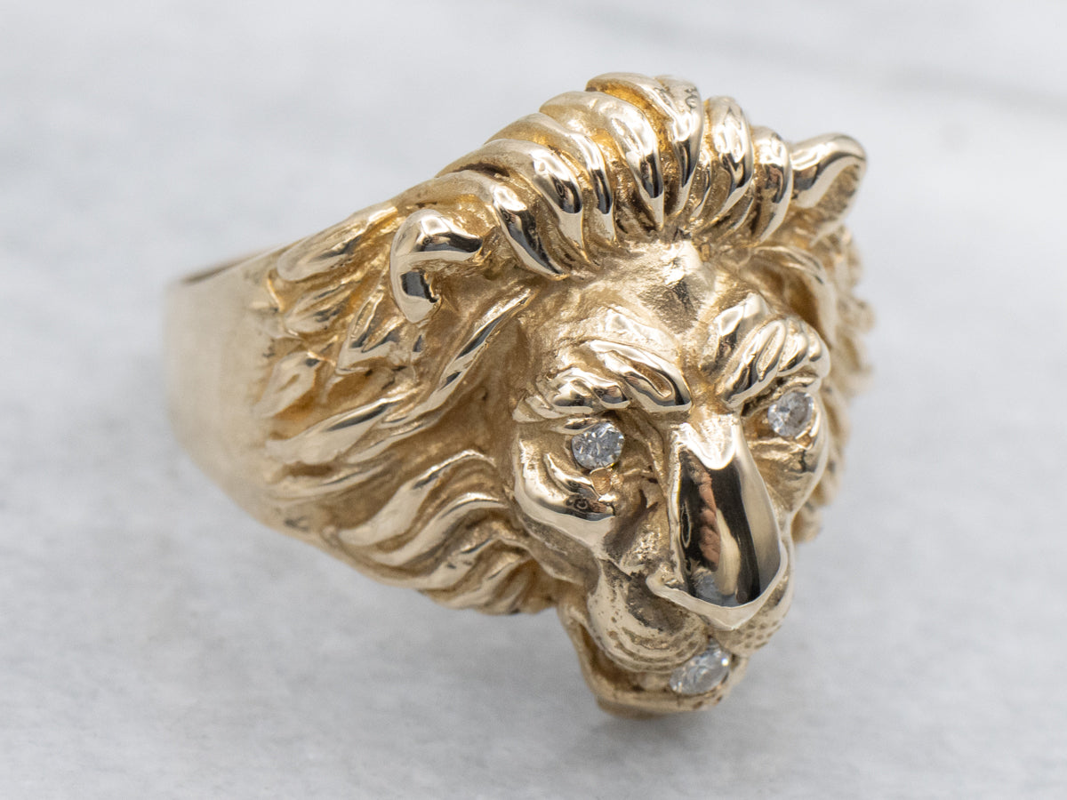 Men's Yellow Gold Lion's Head Diamond Statement Ring