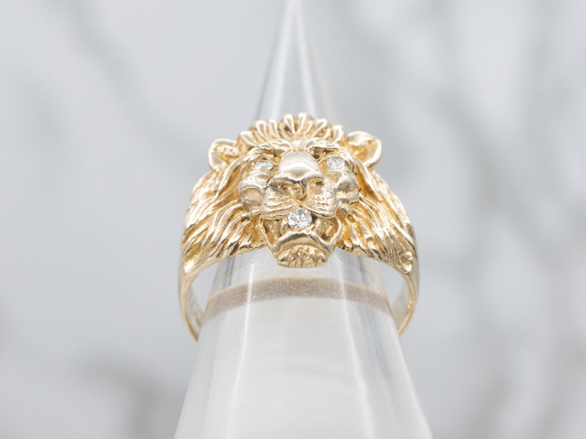Men's Yellow Gold Lion's Head Diamond Statement Ring