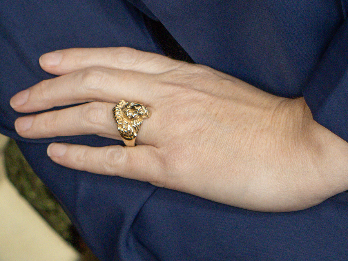 Men's Yellow Gold Lion's Head Diamond Statement Ring