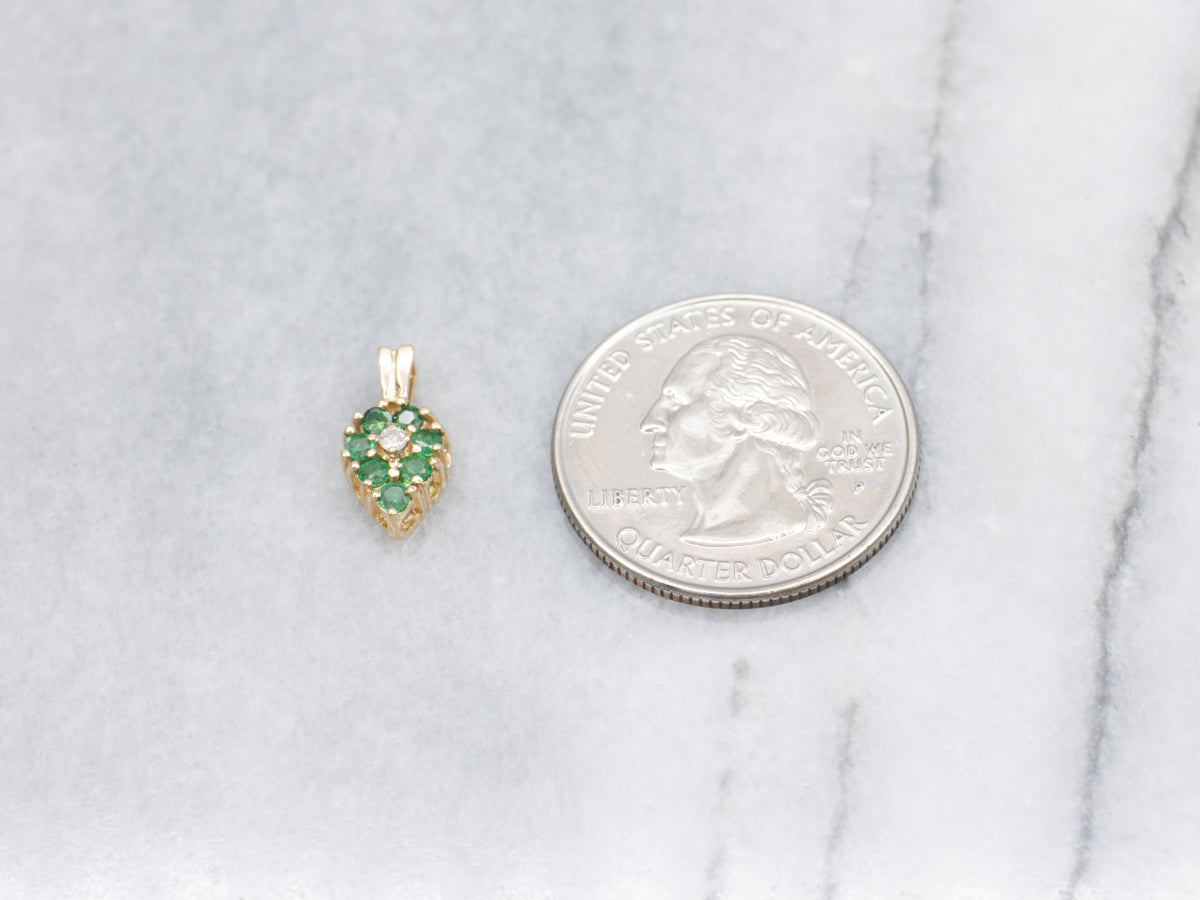 Diamond and Emerald Yellow Gold Cluster Pendant