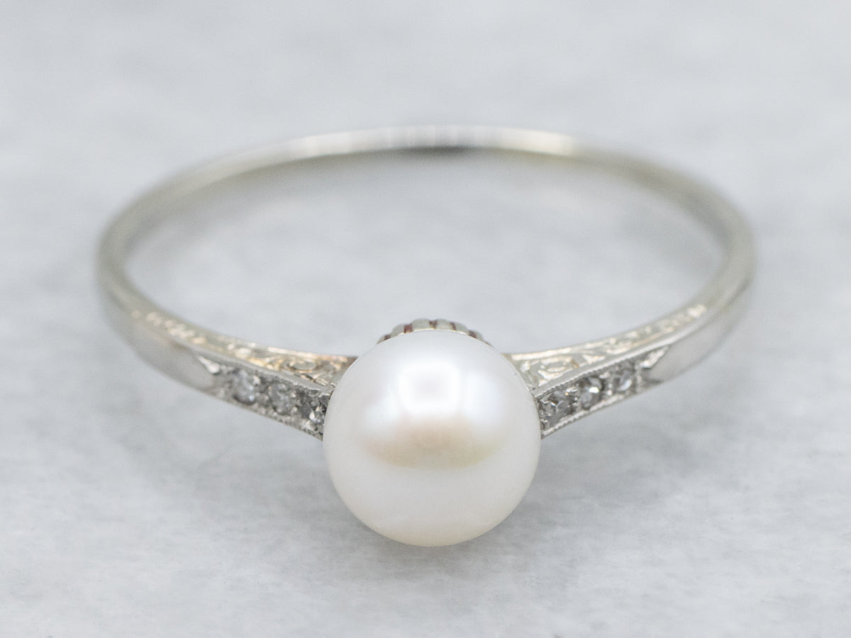 Engraved Gold Pearl and Diamond Antique Ring