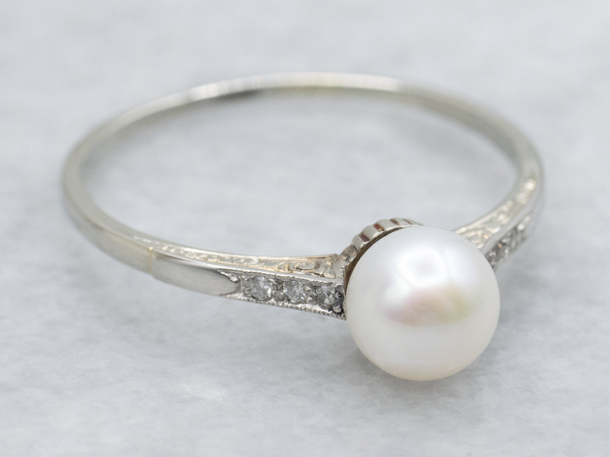 Engraved Gold Pearl and Diamond Antique Ring