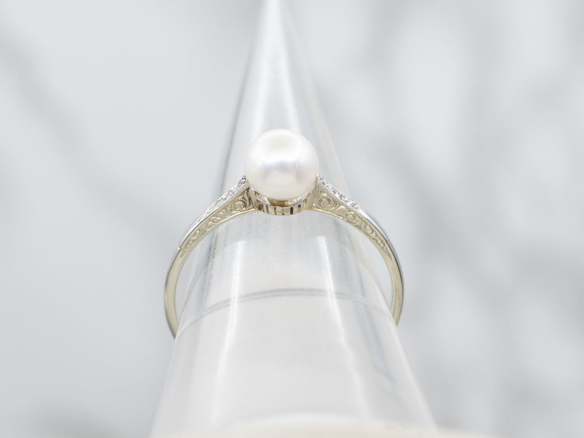 Engraved Gold Pearl and Diamond Antique Ring
