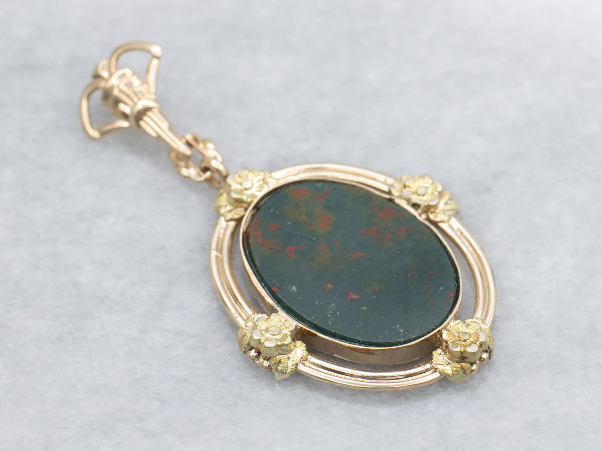 Bloodstone Cabochon in Vintage Floral Yellow Gold Pendant Setting