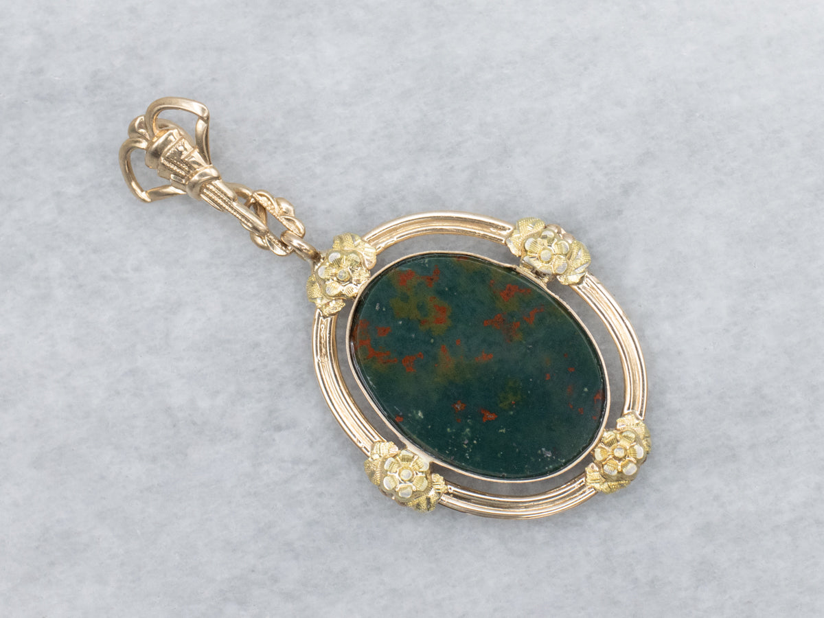 Bloodstone Cabochon in Vintage Floral Yellow Gold Pendant Setting