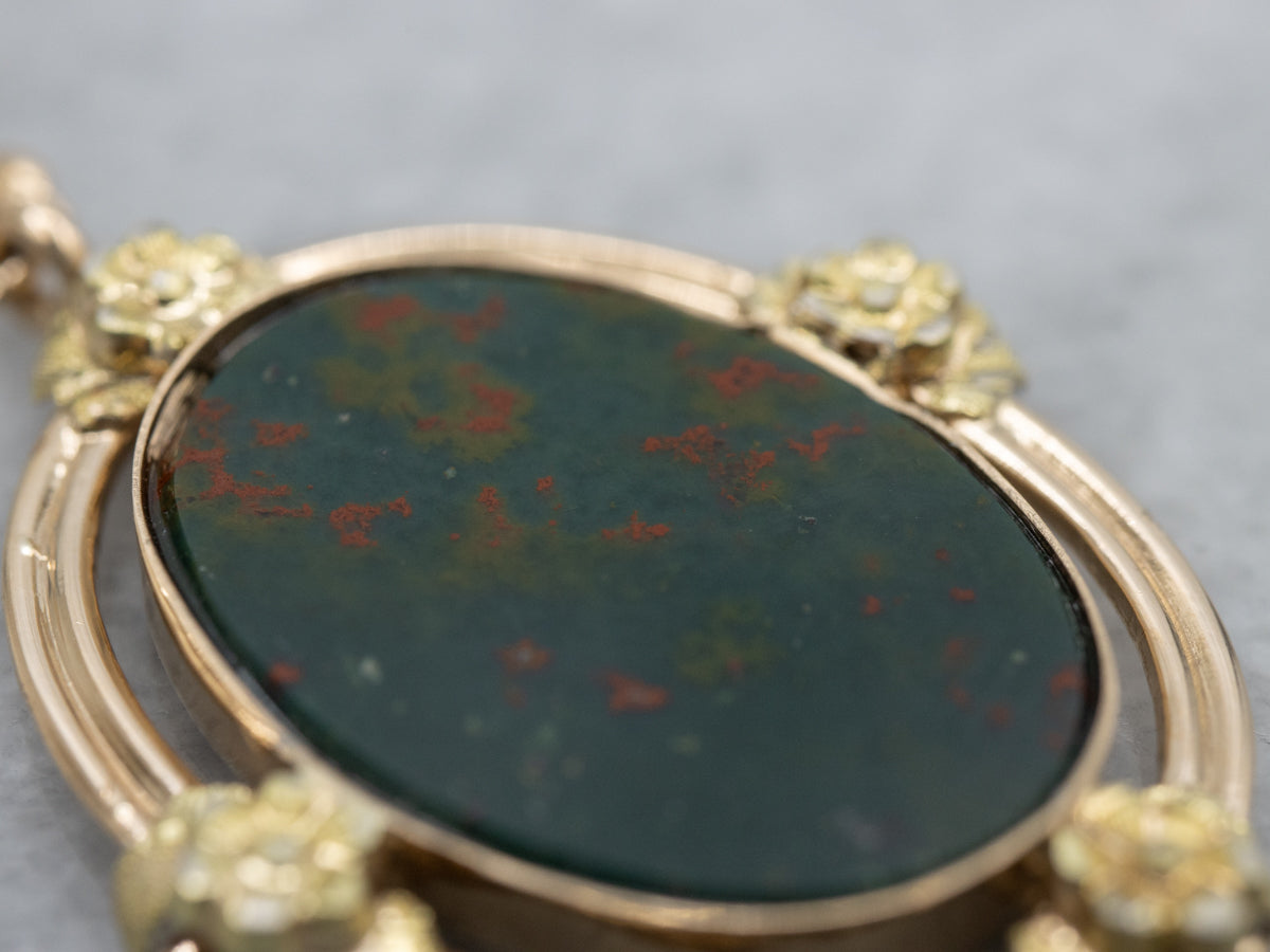 Bloodstone Cabochon in Vintage Floral Yellow Gold Pendant Setting