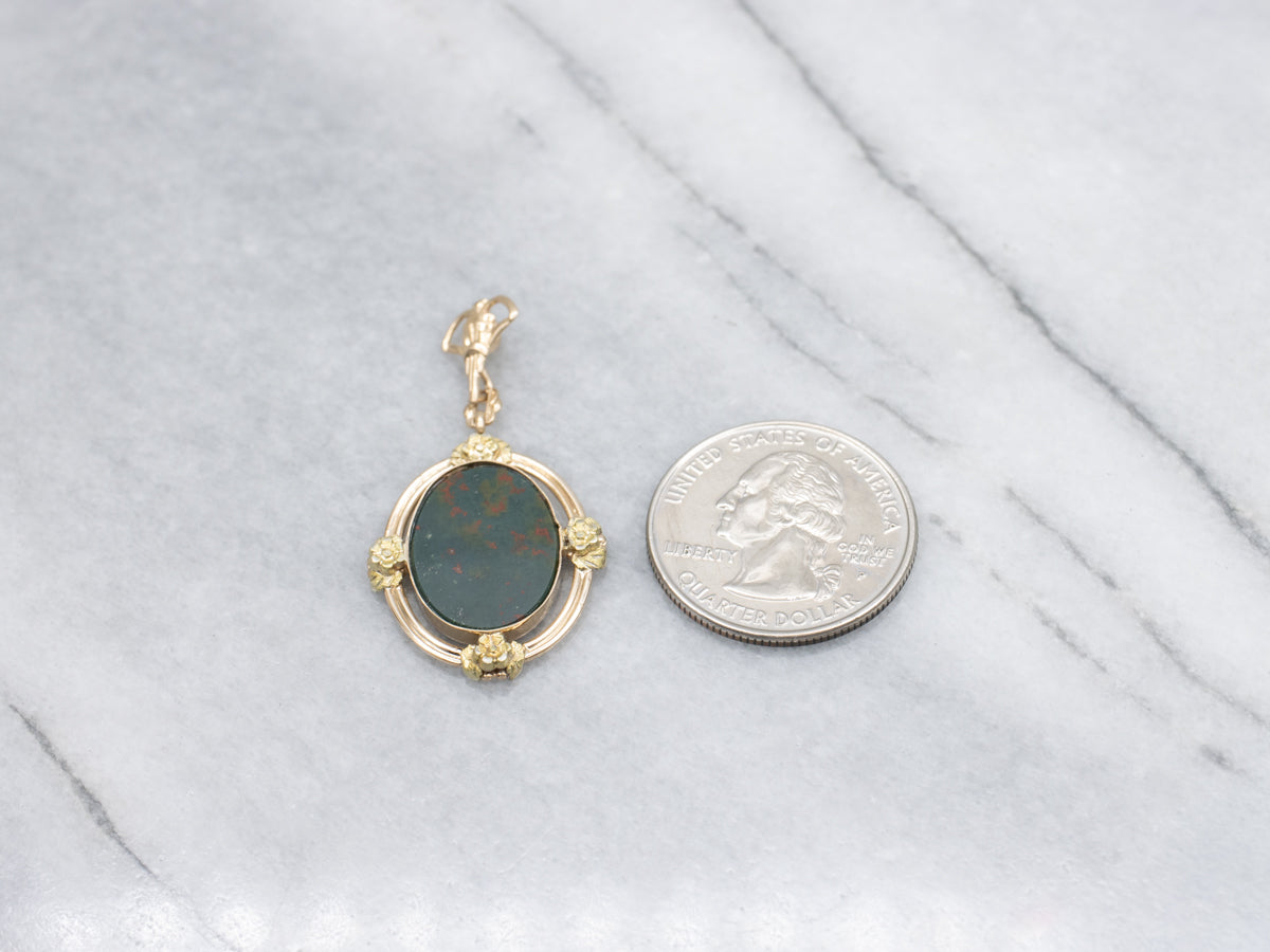 Bloodstone Cabochon in Vintage Floral Yellow Gold Pendant Setting