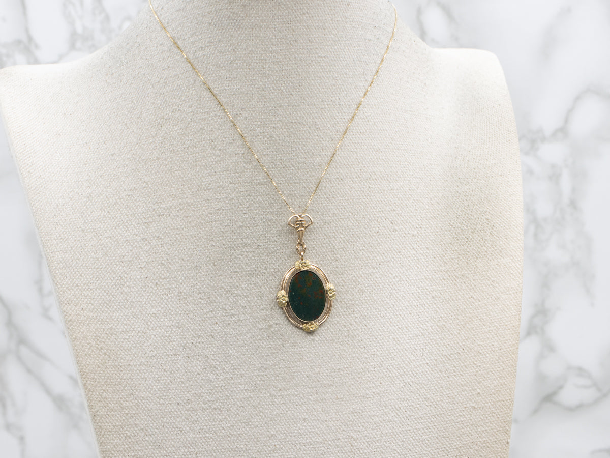 Bloodstone Cabochon in Vintage Floral Yellow Gold Pendant Setting