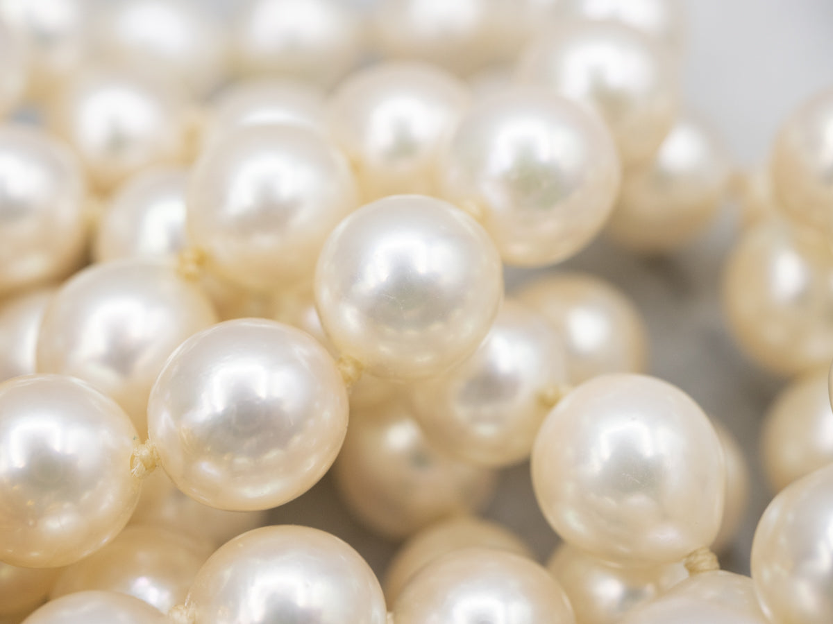 Long Pearl Strand Necklace with Gold Seashell Clasp