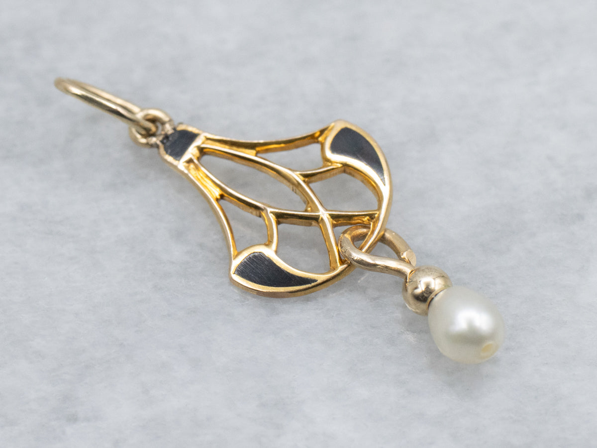 Black Enamel and Pearl Pierced Gold Lavalier Pendant