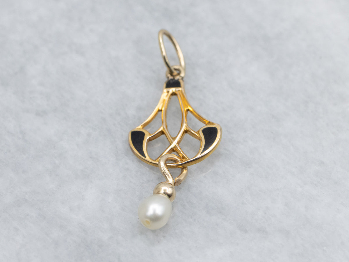 Black Enamel and Pearl Pierced Gold Lavalier Pendant
