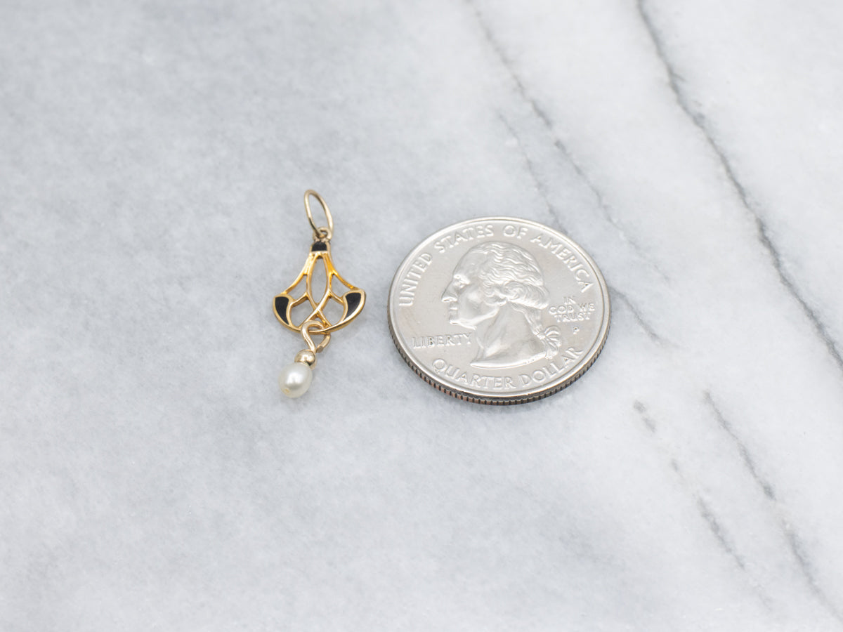 Black Enamel and Pearl Pierced Gold Lavalier Pendant