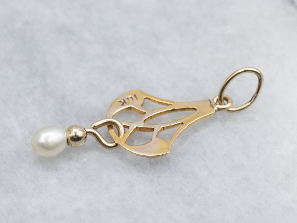 Black Enamel and Pearl Pierced Gold Lavalier Pendant