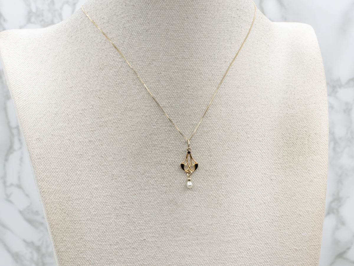 Black Enamel and Pearl Pierced Gold Lavalier Pendant