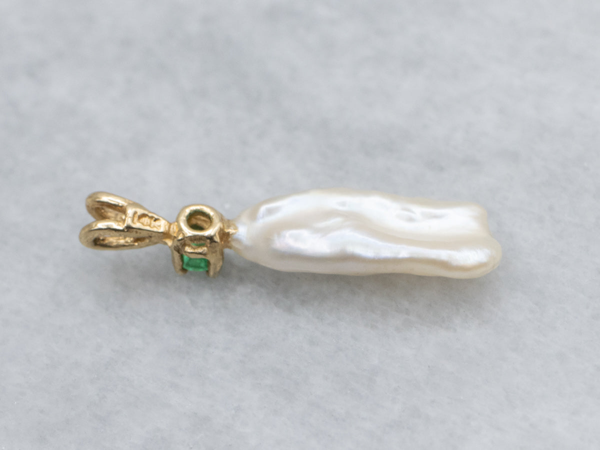 Emerald and Natural Pearl Yellow Gold Pendant