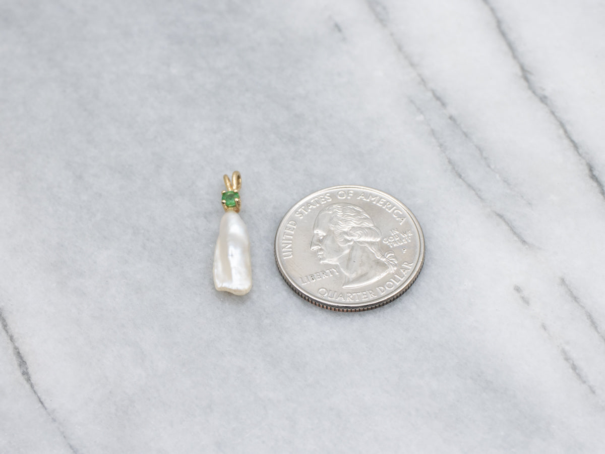 Emerald and Natural Pearl Yellow Gold Pendant