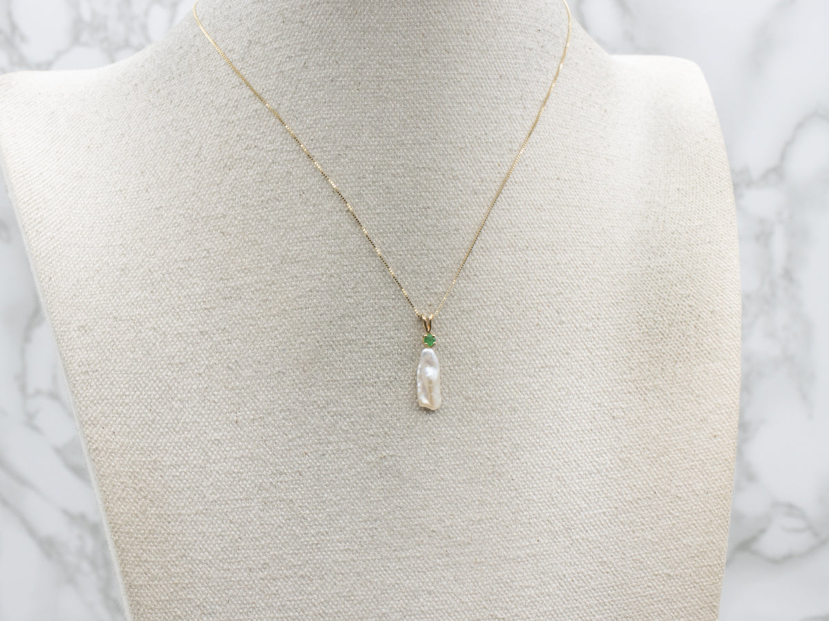 Emerald and Natural Pearl Yellow Gold Pendant