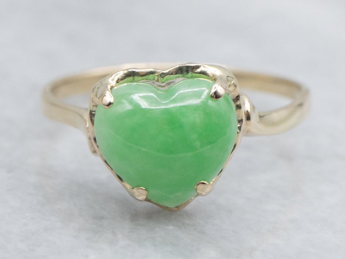 Heart Carved Jadeite Yellow Gold Solitaire Ring