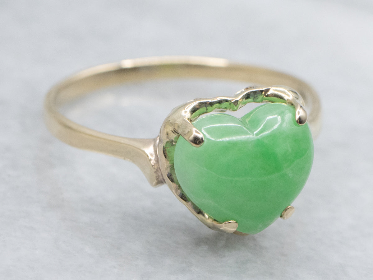 Heart Carved Jadeite Yellow Gold Solitaire Ring