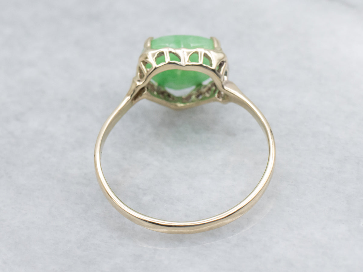 Heart Carved Jadeite Yellow Gold Solitaire Ring