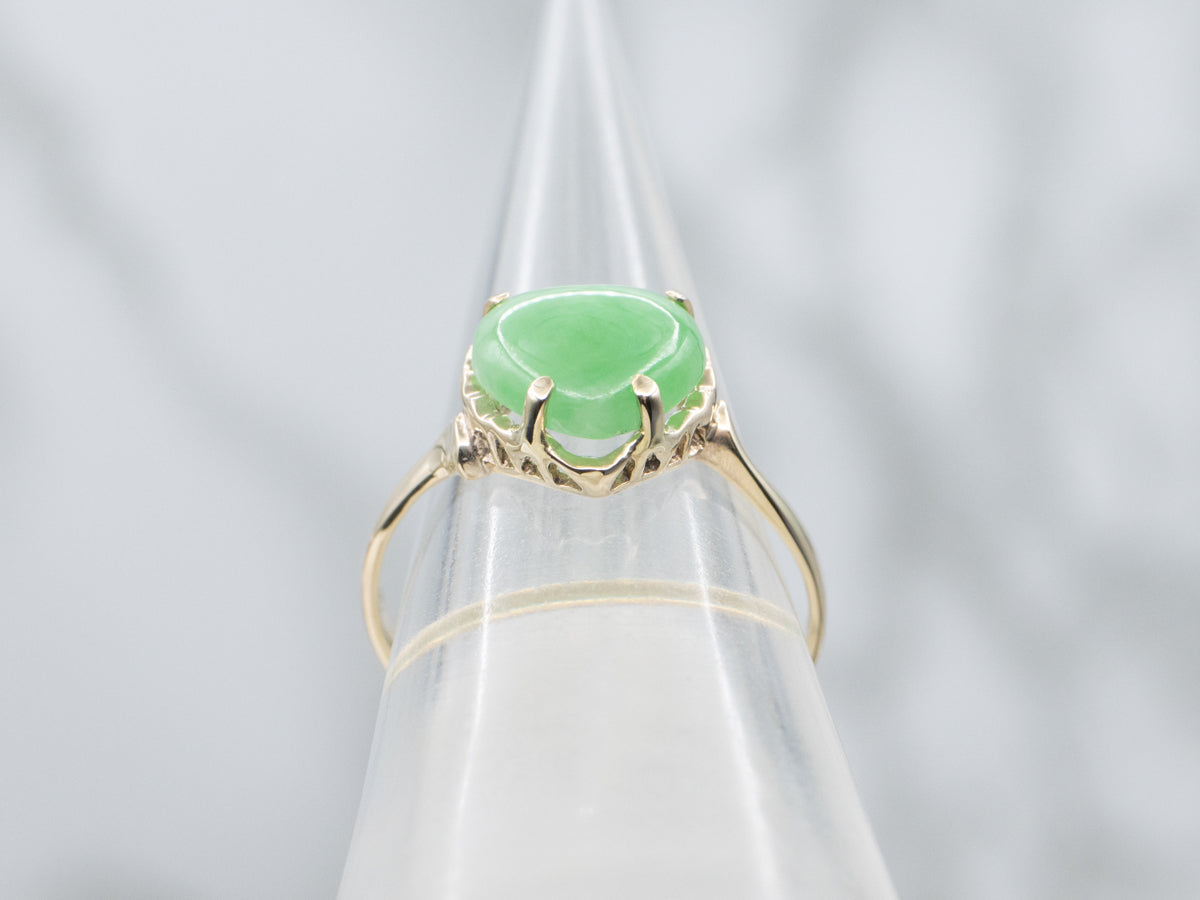 Heart Carved Jadeite Yellow Gold Solitaire Ring