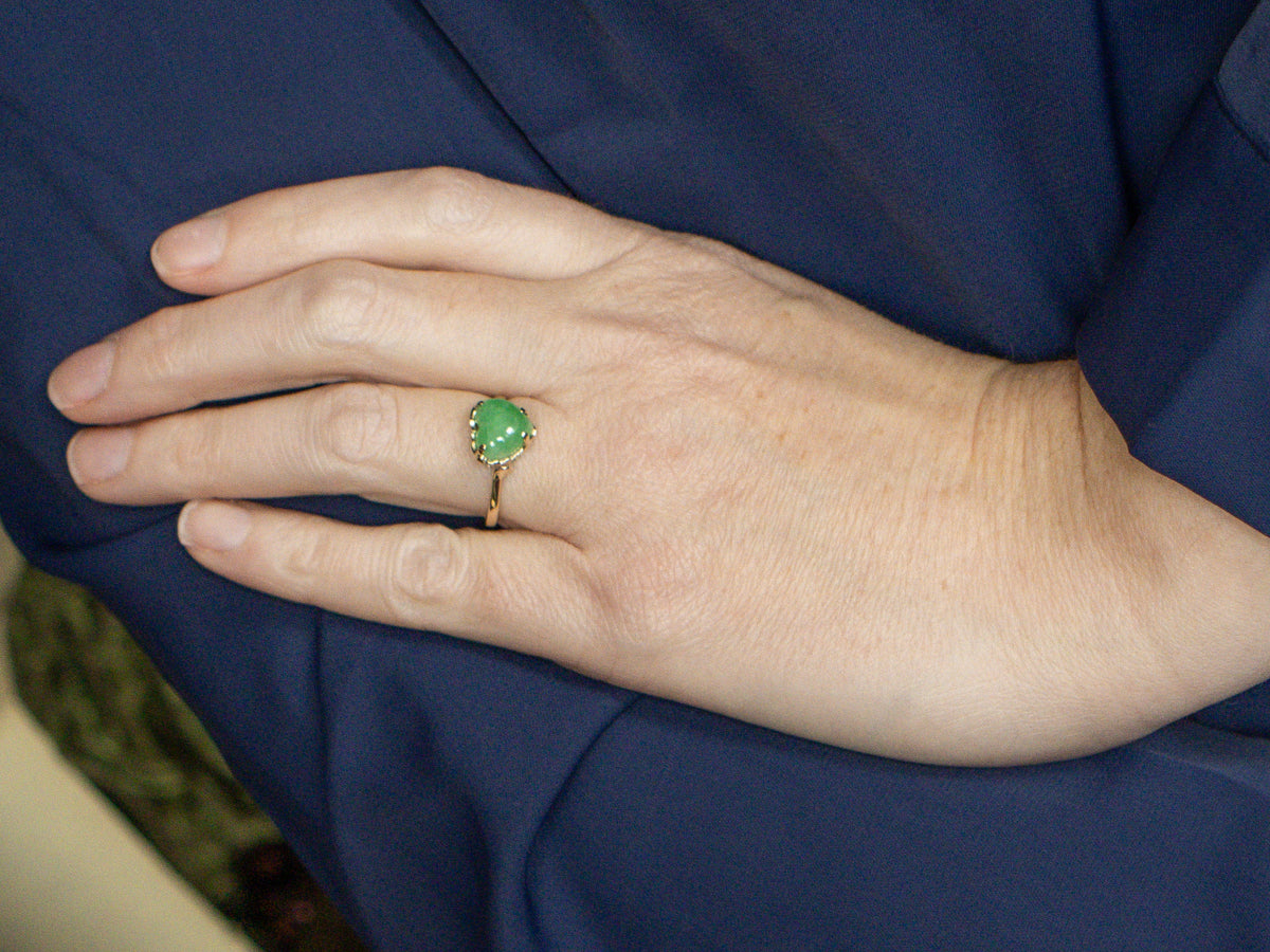 Heart Carved Jadeite Yellow Gold Solitaire Ring