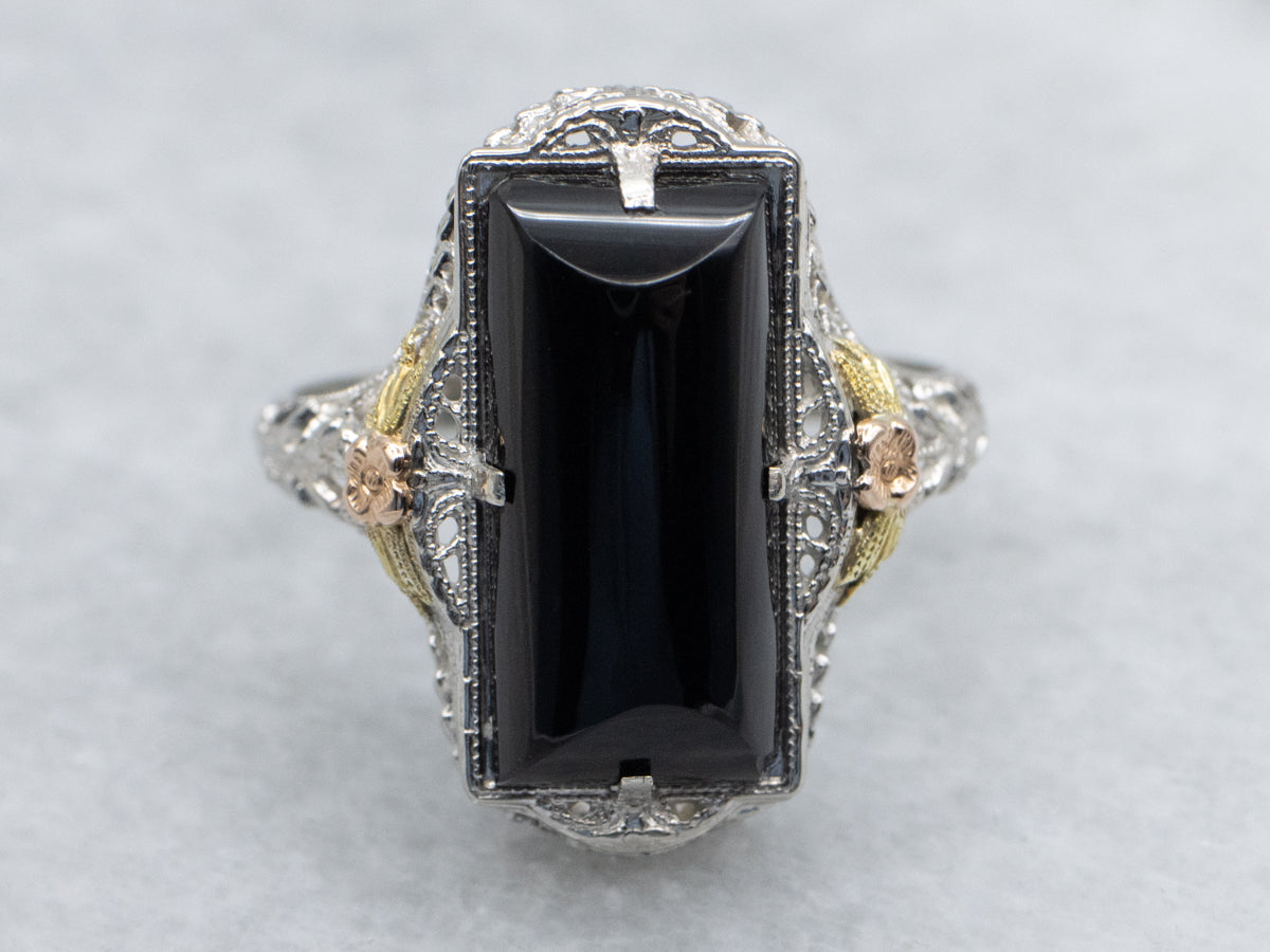 Antique Black Onyx Tri-Color Gold Floral Filigree Cocktail Ring