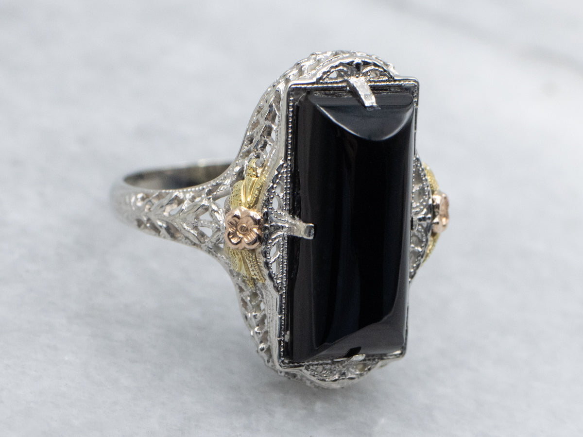 Antique Black Onyx Tri-Color Gold Floral Filigree Cocktail Ring