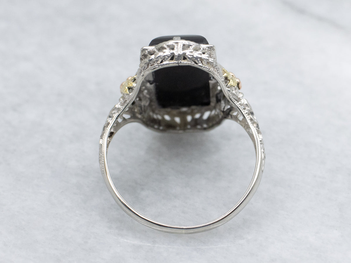 Antique Black Onyx Tri-Color Gold Floral Filigree Cocktail Ring