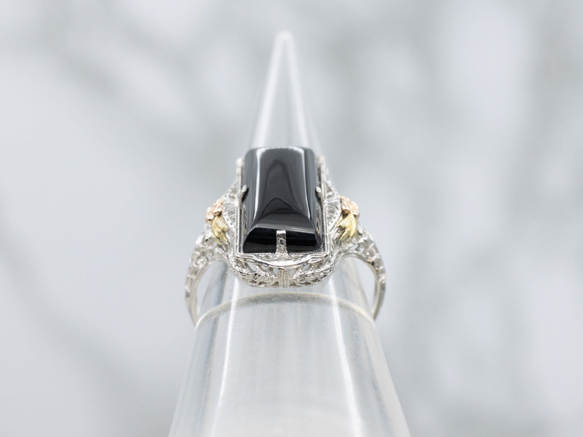 Antique Black Onyx Tri-Color Gold Floral Filigree Cocktail Ring