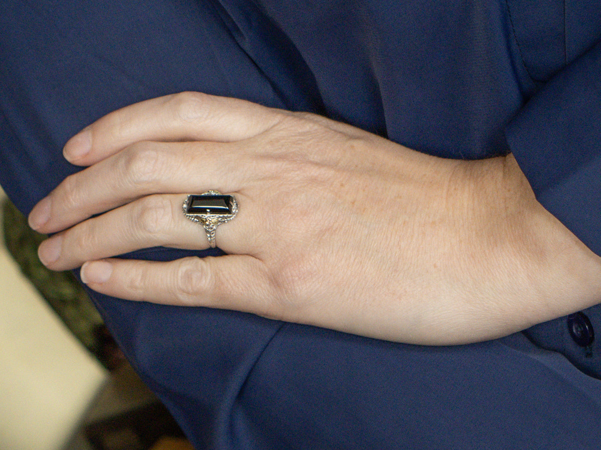 Antique Black Onyx Tri-Color Gold Floral Filigree Cocktail Ring