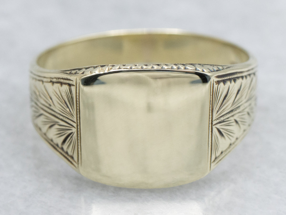 Art Nouveau Era Men's Green Gold Botanical Signet Ring