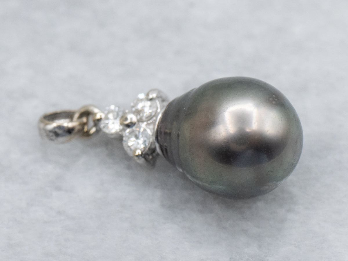 Black Pearl and Diamond White Gold Pendant
