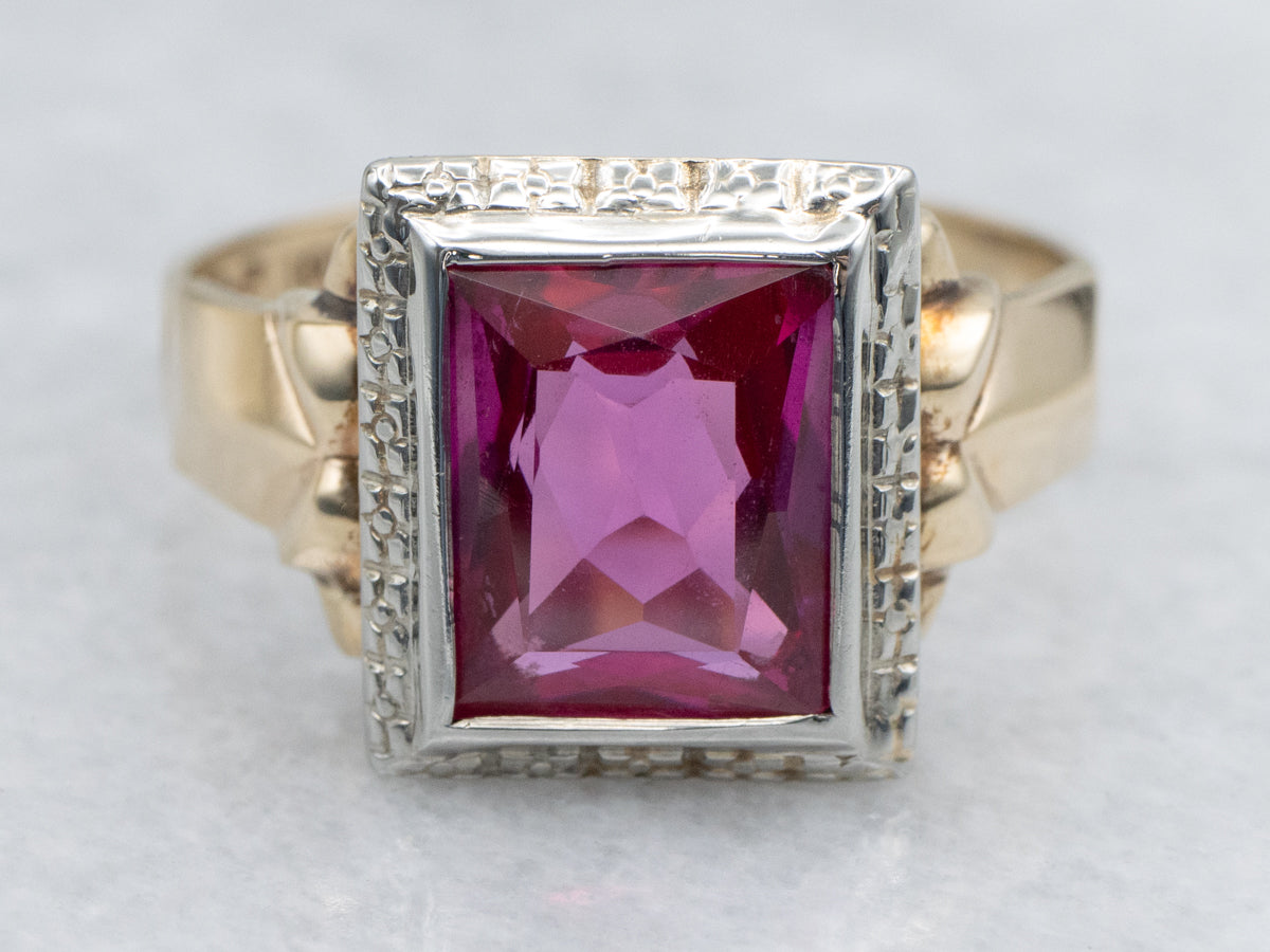 Retro Synthetic Ruby Two Tone Solitaire Ring