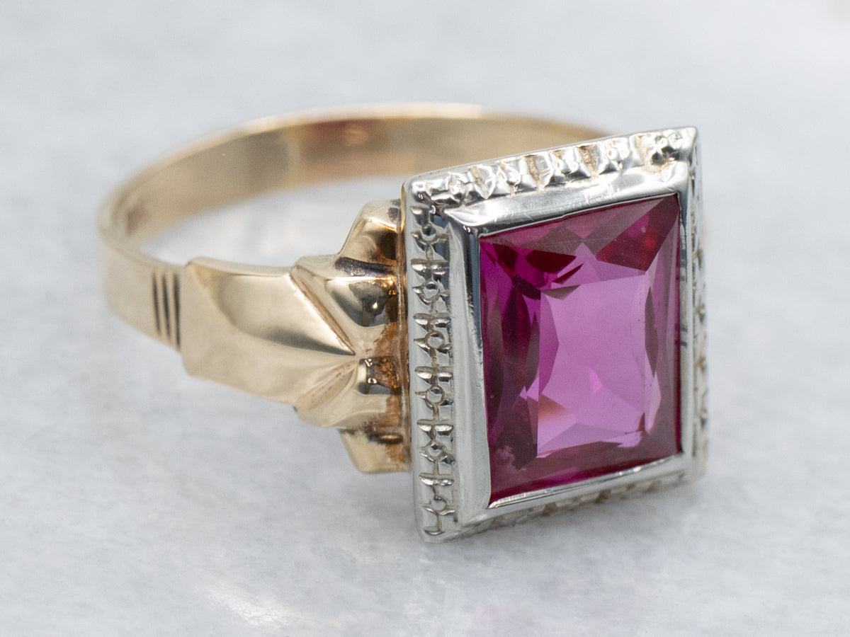 Retro Synthetic Ruby Two Tone Solitaire Ring