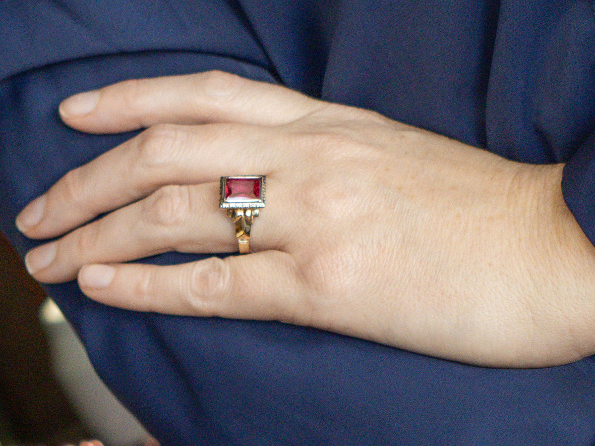 Retro Synthetic Ruby Two Tone Solitaire Ring