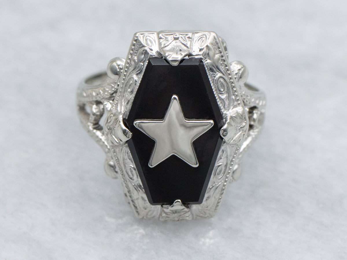 Art Deco Onyx and White Gold Star Accent Solitaire Ring
