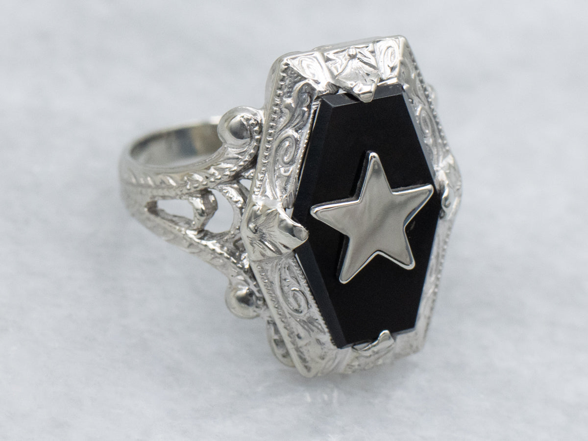 Art Deco Onyx and White Gold Star Accent Solitaire Ring