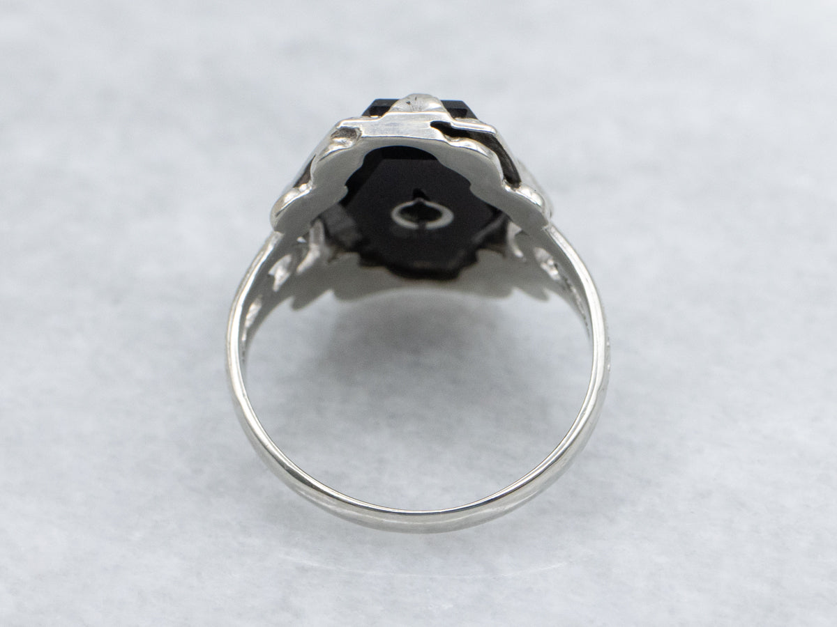 Art Deco Onyx and White Gold Star Accent Solitaire Ring