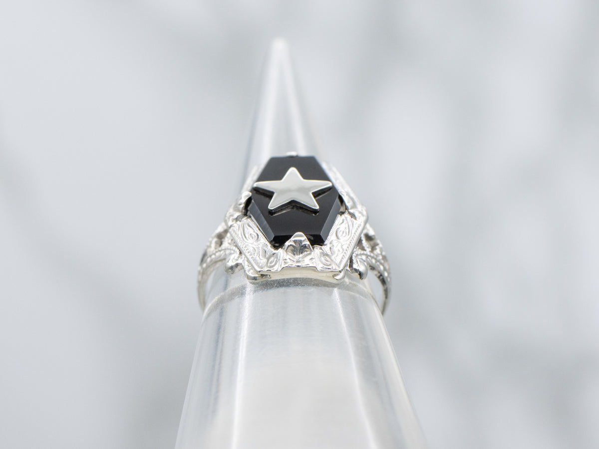 Art Deco Onyx and White Gold Star Accent Solitaire Ring