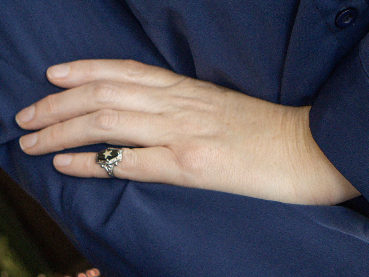 Art Deco Onyx and White Gold Star Accent Solitaire Ring