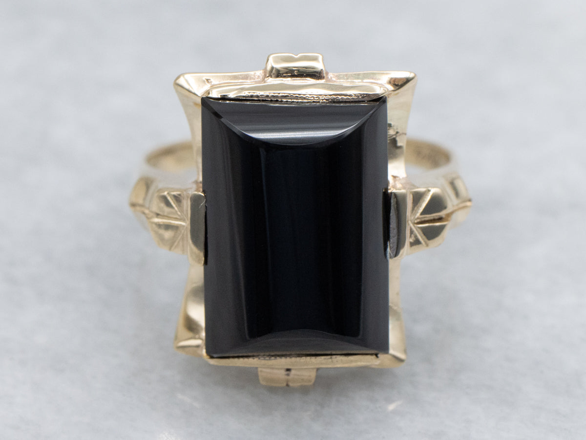 Victorian Revival 10K Gold Black Onyx Cabochon Ring